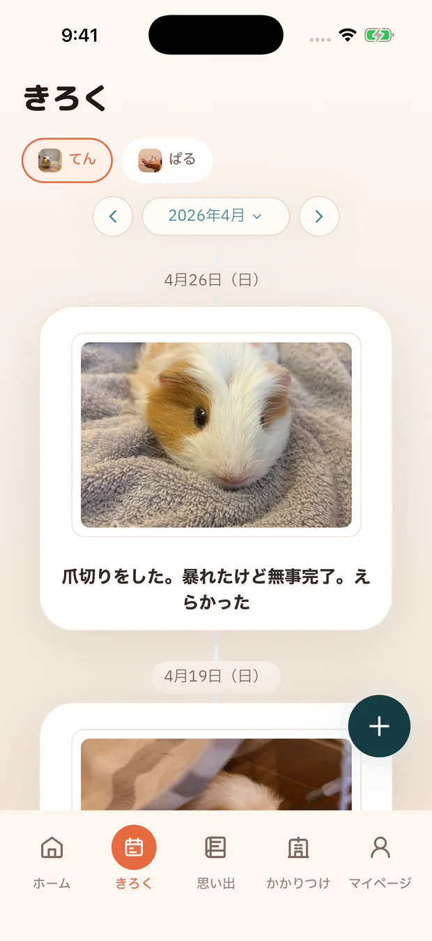 ミニケアのきろく画面。写真、体重、体調の記録が時系列で並んでいます