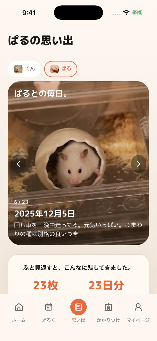 ぱるの思い出画面。写真、日付、メモと、残した写真の枚数が表示されています